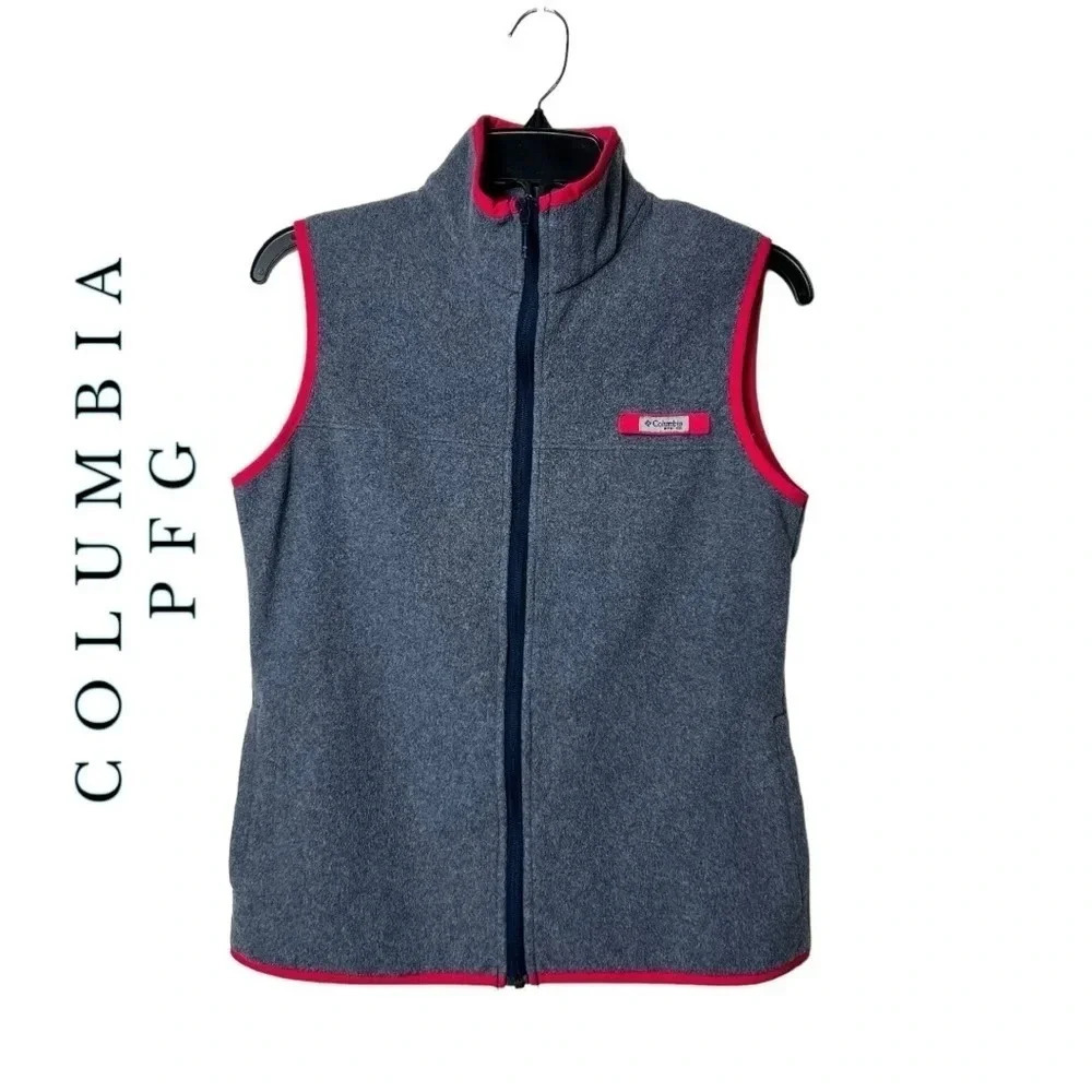 1730. COLUMBIA PFG FLEECE VEST FULL ZIP GRAY IN COLOR WITH HOT PINK TRIM SIZE SM